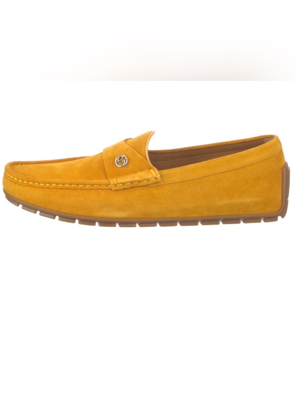 Gucci Men's Suede Interlocking G Logo Suede Drivers Loafer in Mustard Yellow 8.5